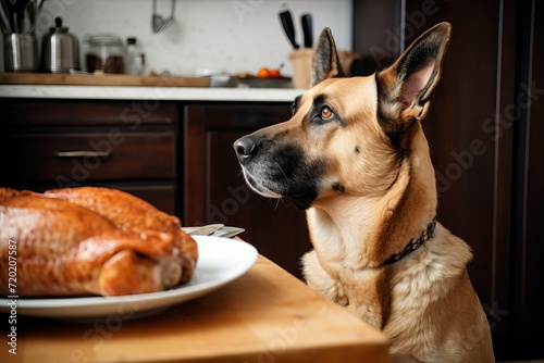 Dog waiting chicken. Big and beautiful pet wants eating hot meat wooden table. Generate AI