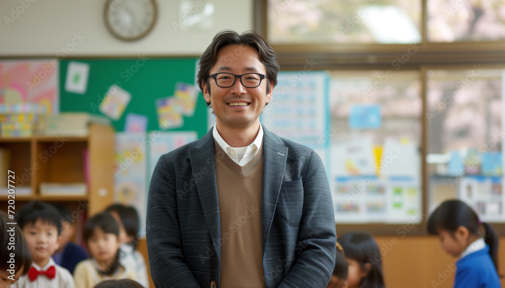 日本の小学校の教室で先生が微笑んでいる。背景には生徒たち 日本の小学校の教室で先生が微笑んでいる。背景には生徒たち