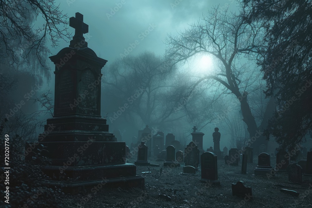 A spooky graveyard at night with tombstones, fog, and ominous moonlight Graveyard At Night Spooky Cemetery
