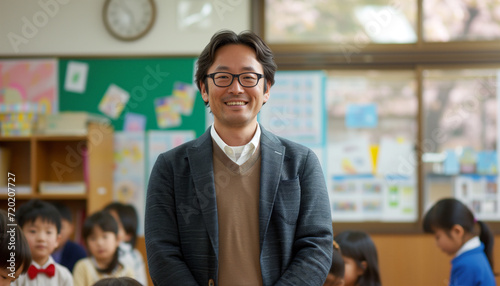 日本の小学校の教室で先生が微笑んでいる。背景には生徒たち