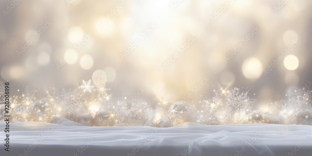  white table with white cloth and white lights glittery and shiny, Bokeh winter background. Glitter vintage lights background. silver and white.
