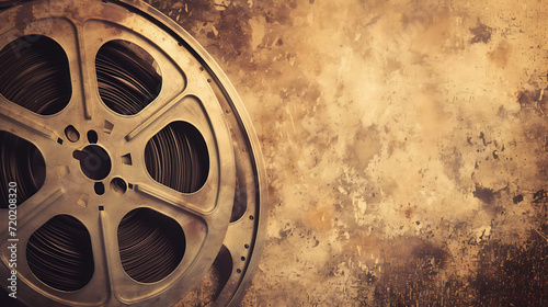 Vintage film reel aesthetic with a sepia-toned gradient and grainy texture for a classic movie night poster. 