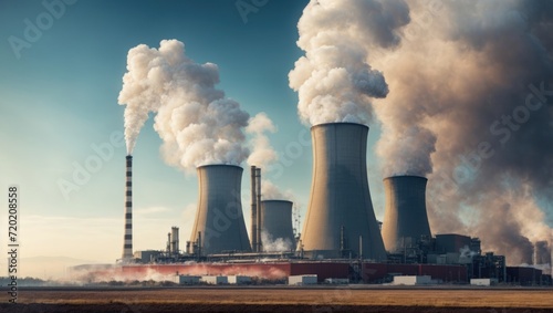 Cooling towers of nuclear power plant with smoke on sky background