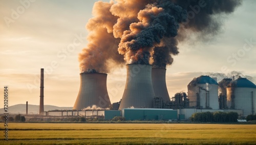 Cooling towers of a power plant with smoke rising from the pipes