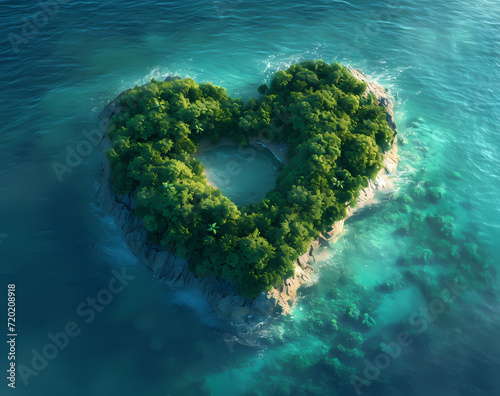 A breathtaking aerial view captures the beauty of an aqua heart-shaped island surrounded by crystal clear waters and thriving nature, a true paradise for outdoor enthusiasts and a reminder of the imp