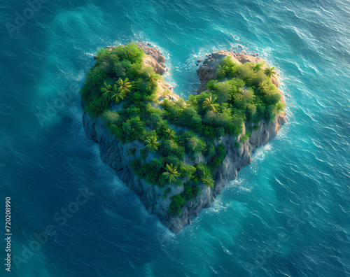 A serene heart-shaped island nestled in the aqua waters, flaunting its vibrant nature and abundant water resources amidst a breathtaking aerial view of the continental shelf and reef © Vladan