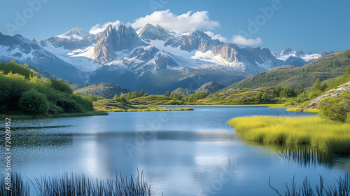 A mountain lake, with melting snow-capped peaks as the background, during the thaw of spring