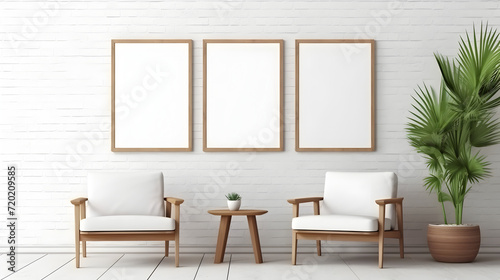 The design of a living area with an empty frame mockup two wooden chairs against a white wall and copy space,,
Two Vertical Blank Picture Frame Mockup on The Wall, Mid Century Living Room
 photo
