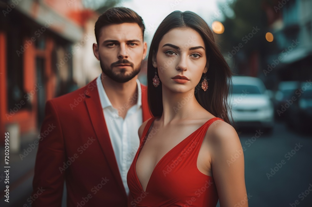 Handsome man with brunette wearing red clothing. Gentleman with charming attractive lady portrait. Generate ai Handsome man with brunette wearing red clothing. Gentleman with charming attractive lady portrait. Generate ai