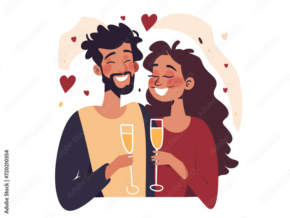 Happy couple drinking champagne on Valentine’s day. White background. Simple flat web graphic illustration. Happy couple drinking champagne on Valentine’s day. White background. Simple flat web graphic illustration.