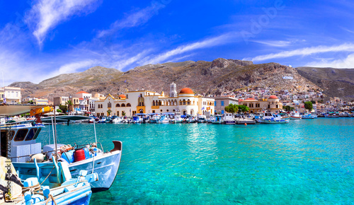 Scenic traditional greek isalnds. Kalymnos island in Dodecanese. Pothia town and harbor with fishing boats. Greece travel