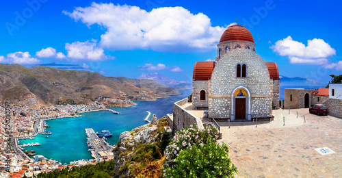  Greece travel- beautiful Kalymnos island, Dodecanese. view of town and agios Savvas monastery.