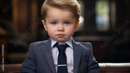 Portrait of a cute little boy in a suit and tie. Business concept. Childhood concept with Copy Space.