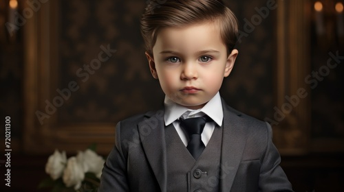 Portrait of a cute little boy in a suit and tie. The boy is dressed in a suit. Business concept. Childhood concept with Copy Space.