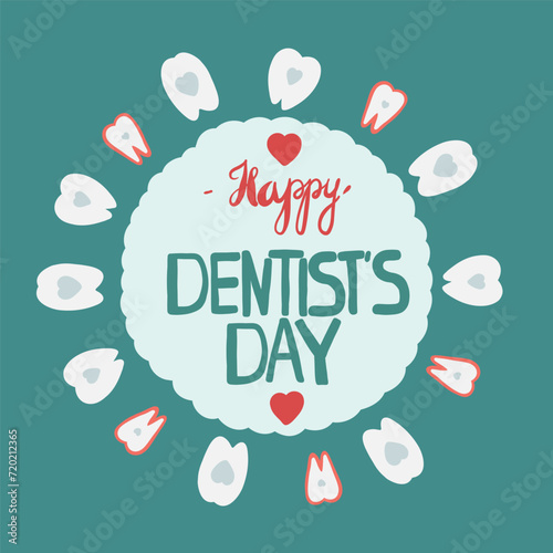 Happy dentist day poster banner with lettering ant teeth flat design