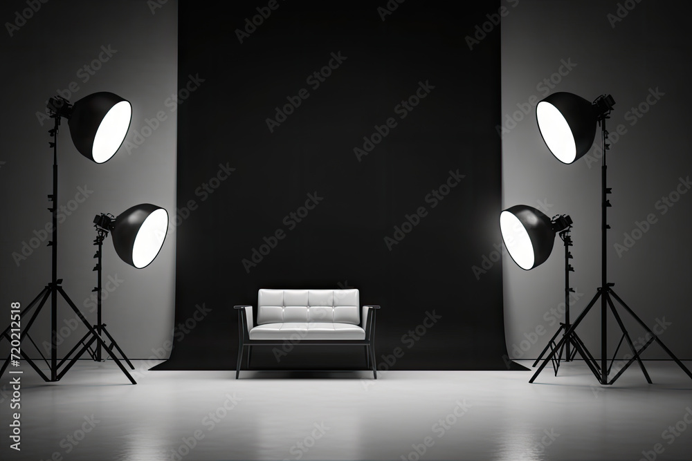 Black And White Photo Studio With Lighting And Chair, Interior Of 