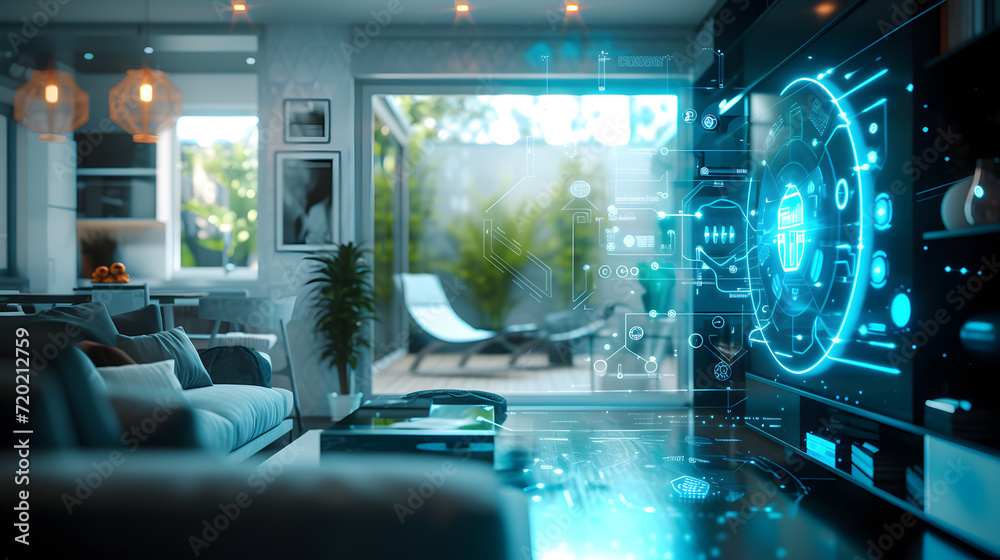 Cinematic photograph of home living room filled with energy-filled data visualization. selective focus icons. AI. Smart spaces.