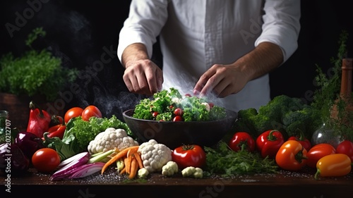 assortment of fresh organic vegetables, Professional cook prepares vegetables with sprig beans