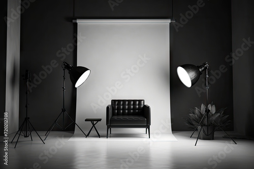  black and white photo studio with lighting and chair, Interior of modern photo studio photo