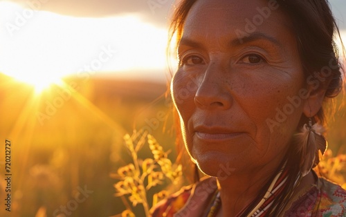Woman Standing in a Field of Flowers at Sunset