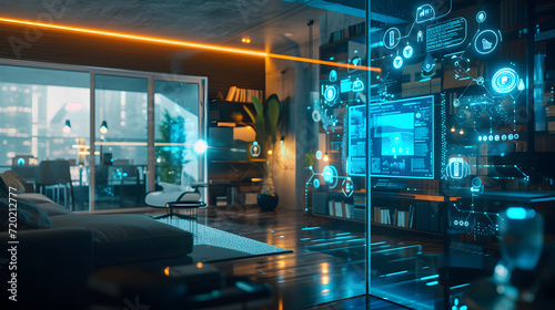 Cinematic photograph of home living room filled with energy-filled data visualization. selective focus icons. AI. Smart spaces.