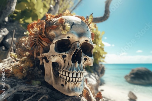 Hauntingly human skull on exotic seashore. Skeletal body bone remains on lost island. Generate ai
