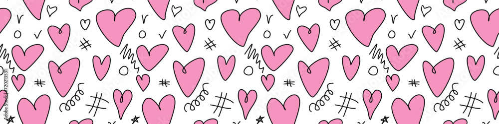 Seamless abstract pattern of different pink hearts and doodles. Freehand scribble background, texture for textile, wrapping paper, Valentines day, romantic design