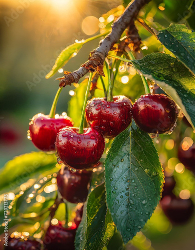 Dojrzałe owoce Czereśni w sadzie. Generative AI