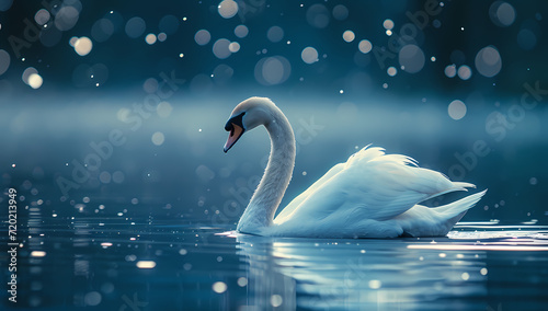 A majestic trumpeter swan glides gracefully through the tranquil waters of a winter lake, its snowy feathers reflecting the peacefulness of the outdoor scene photo
