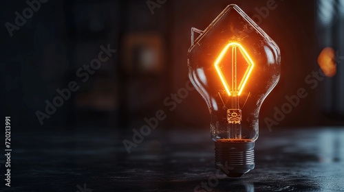Light bulb with tungsten filament in shape on house on dark background. Energy efficiency, loan, property or business idea concepts