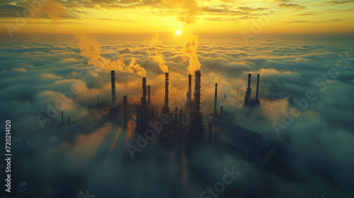 Nature and Industry Harmony Aerial View of Landscape in the Early Morning Fog
