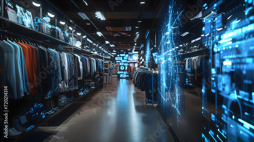 Cinematic photograph of retail clothing shop filled with energy-filled data visualization. selective focus icons. AI. Smart spaces.
