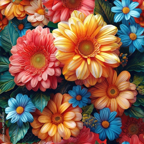 A vibrant seamless pattern of stylized flowers in full bloom