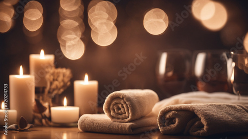 spa setting, candles, wine glass and towels on the table, blurred lights in the background, wallpaper