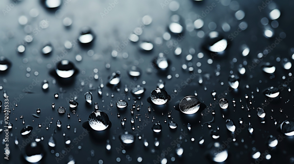 Closeup of water drops sliding on wet surface. Dark black background. Generative AI