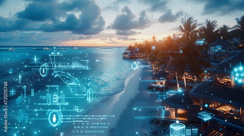 Cinematic photograph of tropical beach filled with energy-filled data visualization. selective focus icons. AI. Smart spaces.
