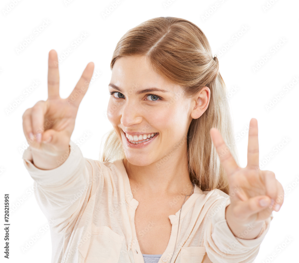 Excited, peace sign and portrait of woman in studio isolated on a white background. Face, fingers and v hand gesture, emoji and happy young model with funny symbol for victory, success and winning Excited, peace sign and portrait of woman in studio isolated on a white background. Face, fingers and v hand gesture, emoji and happy young model with funny symbol for victory, success and winning