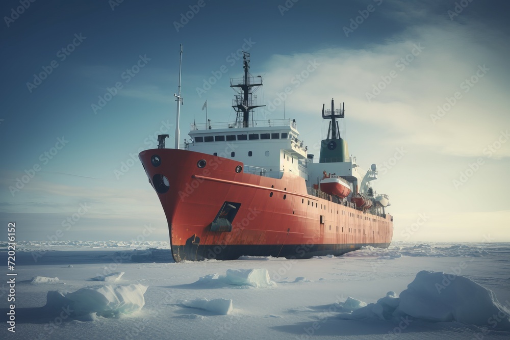 Fototapeta premium Icebreaker ship arctic. Biggest and powerful boat with modern technology. Generate AI