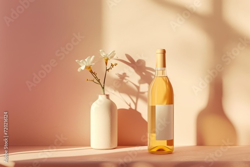 A bottle of white wine without a label next to a vase and a flower. Composition for commercial advertising