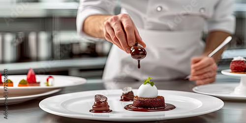  chef putting chocolate on a small plate of food,