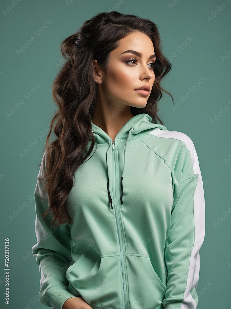 Beautiful athletic model in tracksuit on light green background. Beautiful athletic model in tracksuit on light green background.