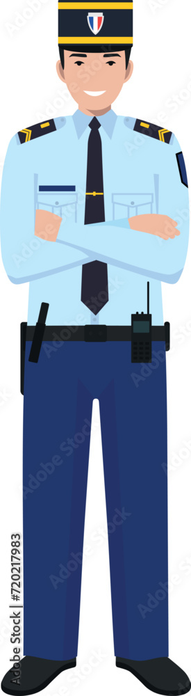 Standing French Policeman Gendarme and Traditional Uniform Character Icon in Flat Style. Vector Illustration.