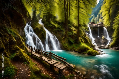 Trails for walking, hiking, sports and recreation along the waterfalls Giessbach Falls (Giessbachf??lle oder Giessbachfaelle) and in the creek valley, Brienz - Canton of Bern, Switzerland (Schweiz) photo