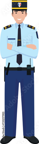 Standing French Policeman Gendarme and Traditional Uniform Character Icon in Flat Style. Vector Illustration.