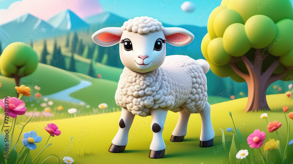 Sheep on the background of mountains and meadow. Generative AI