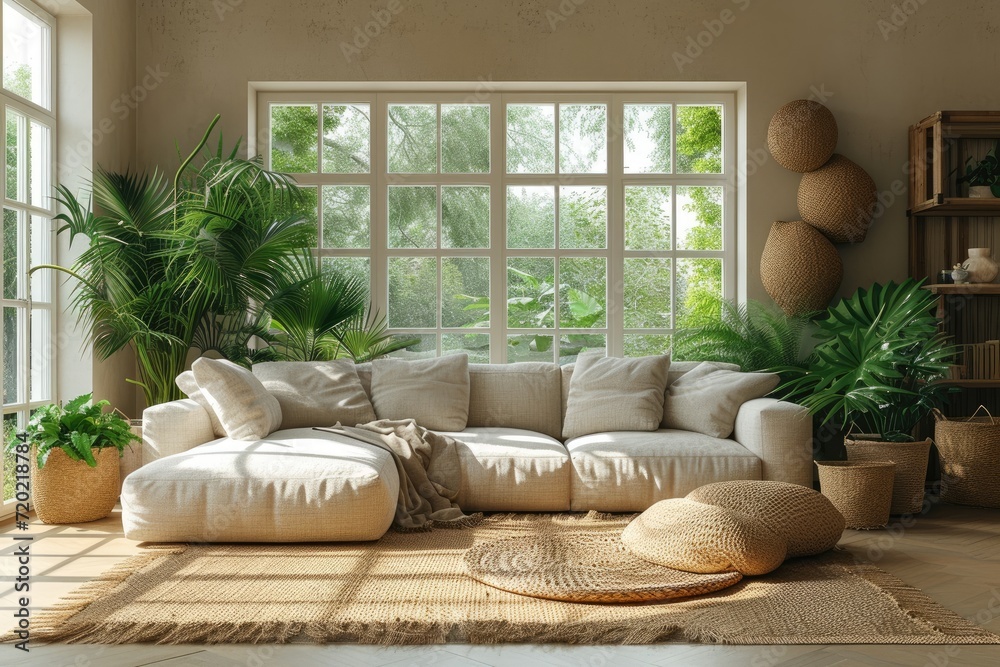 Modern Minimalist Living Room Bathed in Warm Morning Light.