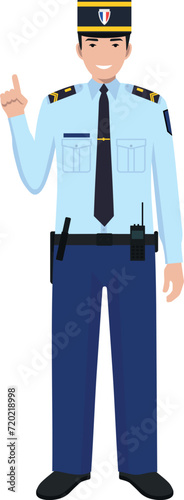 Standing French Policeman Gendarme and Traditional Uniform Character Icon in Flat Style. Vector Illustration.