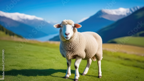 Sheep on a green meadow with mountains in the background. Animal portrait. Generative AI