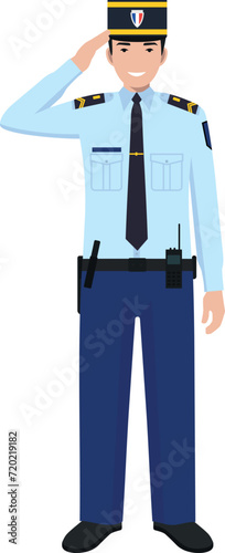 Standing French Policeman Gendarme and Traditional Uniform Character Icon in Flat Style. Vector Illustration.