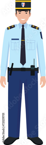 Standing French Policeman Gendarme and Traditional Uniform Character Icon in Flat Style. Vector Illustration.